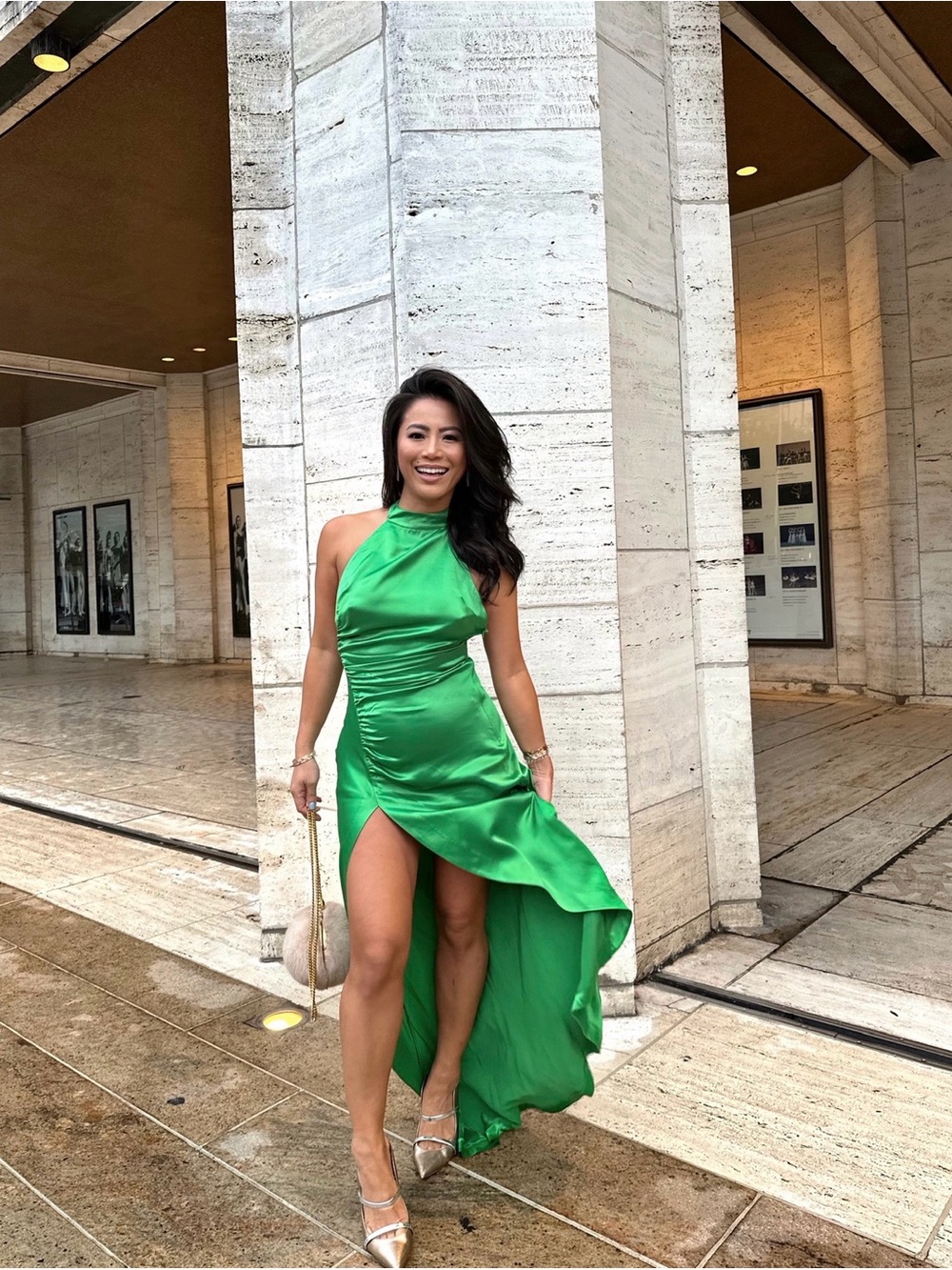 Retrofete Green Satin High-Neck Draped Gown